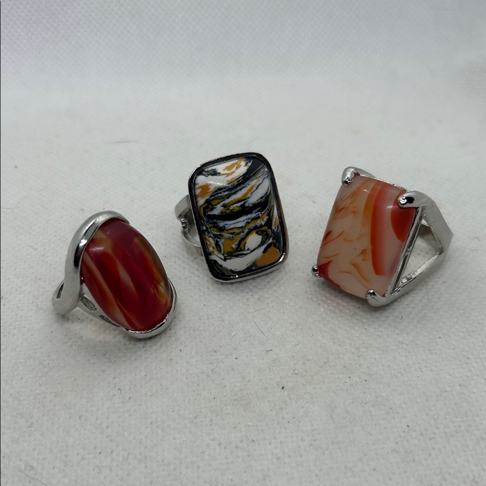 Elegant Silver and Multicolor Stone Rings Set of 3